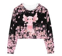 DISNIMO Cherry Blossoms Axolotl Girl's Crop Tops Hoodies Size 5 6 Kids Long Sleeve Cute Pullover Casual Athletic Hooded Sweatshirts Teen Girls Volleyball Cricket Clothing Fall Outfits Trendy Clothes
