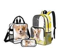 DISNIMO Corgi Clear Backpack for Boys 8-12, 17 Inch Transparent Backpack with Lunch Box Pencil Case Heavy Duty PVC Bookbag for Middle School 6th-8th Graders Stadium Travel