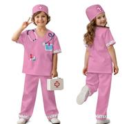 DISNIMO Doctor Outfit for Kids 3-4 Years Pink Stethoscope Complete Medical Scrubs Set Top Pants Hat for Girl Role Play Halloween Dress Up Career Day Fun