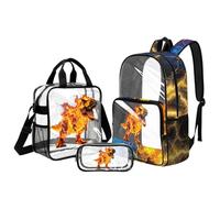 DISNIMO Fire T-Rex Dinosaur Clear Backpack for Boys 8-12, 17 Inch Transparent Backpack with Lunch Box Pencil Case Heavy Duty PVC Bookbag for Middle School 6th-8th Graders Stadium Travel