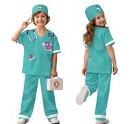 DISNIMO Green Kids Doctor Costume 7-8 Stethoscope Authentic Medical Role Play Outfit Scrubs Set Top Pants Hat for Toddler Halloween Party Career Day Dress Up