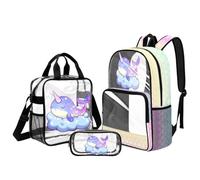 DISNIMO Narwhal Clear Backpack for Girls 8-12, 17 Inch Transparent Backpack with Lunch Box Pencil Case Heavy Duty PVC Bookbag for Middle School 6th-8th Graders Stadium Travel