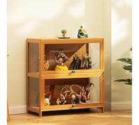 Display Cabinet for Collection, Floor Standing Showcase with Clear Glass, Natural Bamboo Frame, Dustproof Curio Bookcase for Living Room, Figures and Collectibles Display