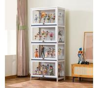 Display Cabinet for Collection, Floor Standing Showcase with Clear Glass, Natural Bamboo Frame, Dustproof Curio Bookcase for Living Room, Figures and Collectibles Display
