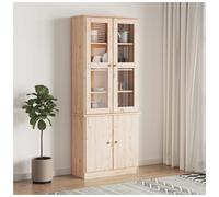 Display Cabinet Natural Pine 77x35x186.5cm Glass Doors Rustic Storage w/ Shelves