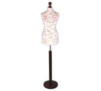 Display Guru Female Dressmaking Tailors Dummy Mannequin Bust Size 8/10 On Dark Wood Round Base With Brown Flowers On Cream Cover
