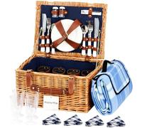 display4top Deluxe 4 Person Traditional Wicker picnic basket Wicker Hamper - Premium Set with Plates, Wine Glasses, Flatware and Napkins (Blue)