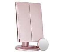 display4top Makeup Mirror with 21 LED Lights, 1x/2x/3x/10x Magnification Trifold Table Vanity Mirror with Adjustable Touch Screen, 180° Adjustable Rotation, Cosmetic Countertop Mirrors (Rose gold)