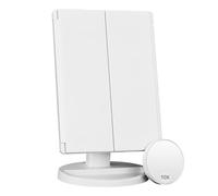 display4top Makeup Mirror with 21 LED Lights, 1x/2x/3x/10x Magnification Trifold Table Vanity Mirror with Adjustable Touch Screen, 180° Adjustable Rotation, Cosmetic Countertop Mirrors (Wihte)