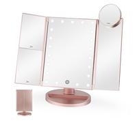 Display4top Trifold Vanity Mirror with 21 LED Lights, 2X/3X/10X Magnification Table Mirror, Lighted Makeup Mirror with Adjustable Brightness Touch Control, Dual Power Supply, Gift for Women, Rose Gold