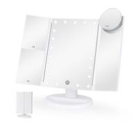 display4top Trifold Vanity Mirror with 21 LED Lights, 2X/3X/10X Magnification Table Mirror, Lighted Up Makeup Mirror with Adjustable Brightness Touch Control, Dual Power Supply, Gift for Women, White