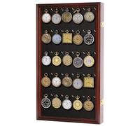 DisplayGifts 25 Pocket Watch Display Case Golf Bag Tag Collection Display Case Shadow Box with Small Hooks Mahogany Finish