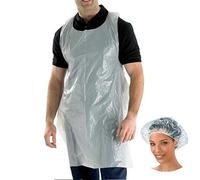 Disposable Aprons x100 GENERISE Disposable Plastic Aprons - White PLUS x5 Clear Disposable Protective Hair Covers