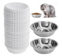 Disposable Cat Food Bowls Set, Pets Feeding Bowls Includes 300PCS Cats Food Small Paper Bowl & 2PCS Stainless Steel Bowl, Cat Plates Feedings Dish Liner Bulk for Wet Foods Cats Dogs Feeding Station