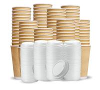 Disposable Coffee Cup with Lids 16oz 150pcs Triple Wall Kraft Ripple paper cups for hot drinks Durable Insulated Coffee Cups Disposable for Hot Drinks, Tea, Cappuccino, Takeaway disposables paper cup