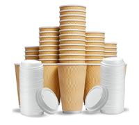 Disposable Coffee Cup with Lids 16oz 90pcs Triple Wall Kraft Ripple paper cups for hot drinks Durable Insulated Coffee Cups Disposable for Hot Drinks, Tea, Cappuccino, Takeaway disposables paper cup