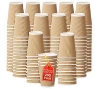 Disposable Coffee Cups 200 x 12oz (340ml)| Takeaway Ripple Kraft Paper Cups for Hot & Cold Drinks | Reusable Triple Wall Insulated Leak-Proof Drinking Cups for Coffee Shops, Events, Office & Home Use