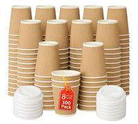 Disposable Coffee Cups With Lids 100 x 8oz (227ml) | Takeaway Ripple Kraft Paper Cups for Hot & Cold Drinks | Triple Wall Insulated Disposable Leak-Proof Drinking Cups for Coffee Shops & Office Use