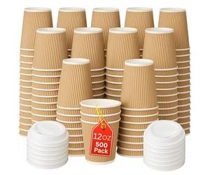 Disposable Coffee Cups With Lids 500 x 12oz (340ml) | Takeaway Ripple Kraft Paper Cups for Hot & Cold Drinks | Triple Wall Insulated Disposable Leak-Proof Drinking Cups for Coffee Shops & Office Use
