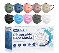 Disposable Face Masks for Adults - 100 Pack Individually Wrapped, 4 Ply Protection, Fashion 10 Colors Facemask, Breathable and Comfortable Safety Lightweight Masks Disposable for Women & Men