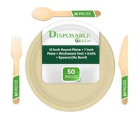 DISPOSABLE GREEN 10 Inch Round Plate + Birchwood Fork + Knife + Spoons, 50 pcs