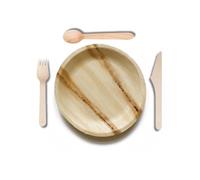 DISPOSABLE GREEN 100pcs Palm Leaf Plates and Wooden Cutlery Set, 25x Large Round Plates, 25x Forks, 25x Knives, 25x Spoons, Eco Friendly Biodegradable, Wedding Plates (600 pcs (150pcs Each))