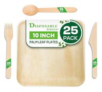 DISPOSABLE GREEN 100pcs Palm Leaf Plates and Wooden Cutlery Set, 25x Large Square Plates, 25x Forks, 25x Knives, 25x Spoons, Eco Friendly Biodegradable, Wedding Party Wooden (1000 pcs (250pcs Each))
