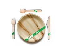 Disposable Green 100pcs Palm Leaf & Wooden Cutlery Set, Large Round Plates, Forks, Knives, Spoons - Eco-Friendly Biodegradable, Wedding Plates