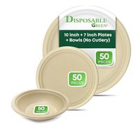 DISPOSABLE GREEN 150pcs Bagasse Plate Set - Paper Plates 10 Inch, Small Paper Plates 7 Inch, and Salad Bowl, This Eco Friendly Set is Perfect for Any Party or Picnic Set - 50 Pcs Each