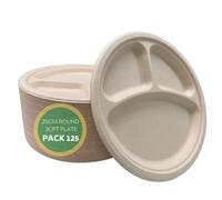 DISPOSABLE GREEN® | Bagasse Compartment Plates| Super Strong | Unbleached Sugarcane Bagasse | Home COMPOSTABLE, Biodegradable, ECO Friendly (125, 3 Compartment Plate)