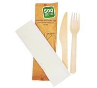 DISPOSABLE GREEN® | Individual Wrapped Wooden Compostable Cutlery Set, Each Set Includes 16cm Long Fork, Knife, and a Napkin- 500 Sets