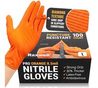 Disposable Orange Nitrile Gloves Large | Raxwell 8.5 mil Heavy Duty Diamond Grip Gloves | 100 Count Fully Textured, Latex Free & Powder Free | Food Safe, Food Safe &
