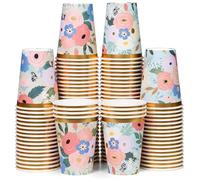 Disposable Paper Coffee Cups, Bulk 100 Pack, 2 Floral Patterns with Gold Foil, Leak-Resistant, 340 ml Hot and Cold Cups