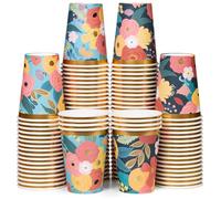 Disposable Paper Coffee Cups, Bulk 100 Pack, 2 Floral Patterns with Gold Foil, Leak-Resistant, 340 ml Hot and Cold Cups