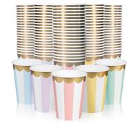 Disposable Paper Coffee Cups, Bulk 100 Pack, 5 Striped Pastel Colorways, Scalloped Gold Foil Details, Leak-Resistant, 12 oz Hot and Cold Cups for Restaurants and Parties