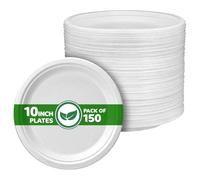 Disposable Paper Plate 10 Inch Heavy Duty Strong Bagasse Compostable Eco-Friendly Natural Sugarcane Fibers Round Plates for Hot & Cold Food Catering BirthdayDinner Party Office Picnic BBQs 150 Plates