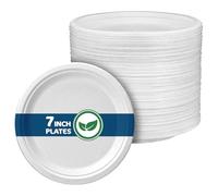 Disposable Paper Plate 7 Inch Heavy Duty Strong Bagasse Compostable Eco-Friendly Natural Sugarcane Fibers Round Plates for Hot & Cold Food Catering Birthday Dinner Party Office Picnic BBQs 50 Plates