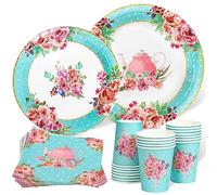 Disposable Paper Plates Cups and Napkins Blue Vintage Floral Tableware Decorations for Wedding Birthday Baby Shower Bride to Be Tea Party Plates 20 Guests