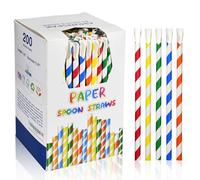 Disposable Paper Straws with Spoon, Paper Scoop Straws for Slushy, Smoothie, Milkshake, Frozen Drinks - 20.0 x 0.8 cm, Pack of 200, Colourful Stripes, Biodegradable