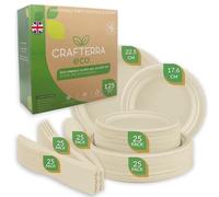 Disposable plates & cutlery Eco Friendly Tableware complete Party Set. Compostable Biodegradable Sugarcane dinnerware sets. 25 large and Small Paper Plates Forks Knives Spoons for Camping Picnic.125pc