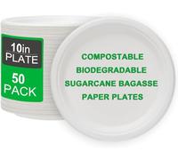 Disposable Plates for Hot Food 50Pcs Heavy Duty Reusable Sturdy Takeaway Bagasse Sugar Cane Biodegradable & Compostable Strong for Weddings Christmas Paper Plates (10Inches)