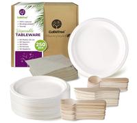Disposable Tableware of 250 Pieces for 50 People. Ecological Tableware Made of Sugarcane. Includes 50 Plates, 150 Wooden Cutlery, and 50 Napkins.