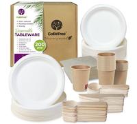 Disposable Tableware Set of 200 Pieces for 25 People. Ecological Sugarcane Tableware. Includes 50 Plates, 75 Wooden Cutlery, 25 Kraft Paper Cups, and 50 Napkins.
