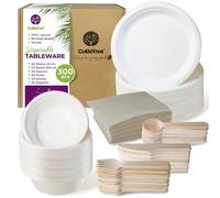Disposable Tableware Set of 300 Pieces for 50 People. Ecological Sugarcane Tableware Including 50 Plates, 50 Bowls, 150 Wooden Utensils, and 50 Napkins.