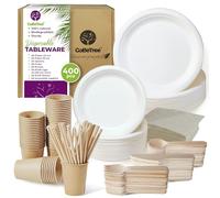 Disposable Tableware Set of 400 Pieces for 50 People. Eco-Friendly Tableware Made from Sugarcane. Includes 100 Plates, 150 Birchwood Cutlery, 50 Kraft Paper Cups with Straws, and 50 Recycled Napkins