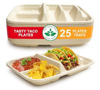 Disposable Taco Plates for 2 Tacos & 2 Sides - 25 PACK | Premium Paper Plates with Dividers, Fiesta Taco Holder, Taco Stand for Taco Tuesday & Taco Bar Serving Set Taco Plates (25 Plates) (Beige)