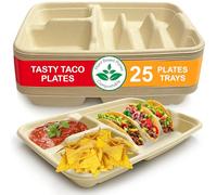 Disposable Taco Plates for 3 Tacos & 2 Sides - 25 PACK | Premium Paper Plates with Dividers, Fiesta Taco Holder, Taco Stand for Taco Tuesday & Taco Bar Serving Set Taco Plates (25 Plates)