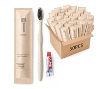 Disposable Toothbrushes with Toothpaste Pack of 50, Bulk Travel Toothpaste and Toothbrush Set Yellow Hollow Toothbrush 3g Tooth Paste Individually Wrapped for Homeless Shelter Charity Hotel