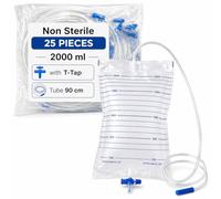 Disposable Urine Bag 2000ml - Pack of 25 | Tube T-Tap Drain Valve Anti-Reflux | Catheter Drainage Bag with Graduated Scale (Tube 90cm)