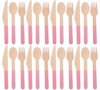 Disposable Wood Cutlery Set, 24pcs Pink Flatware Including Spoons, Forks, Knives, Pink Utensils Set for 8, for Girls Birthday, Baby Shower, Tea Party, Outdoor Picnic